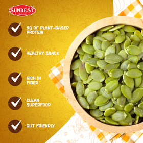 Sunbest Natural shelled pumpkin seeds snack portion ready to enjoy.