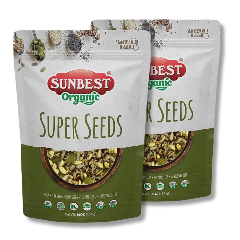 Sunbest Natural Super Seeds Mix bag front shows all five seeds for versatile snacking