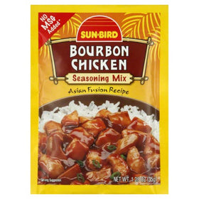Sunbird Bourbon Chicken Seasoning Pack 6 label closeup highlights bold, savory flavors.