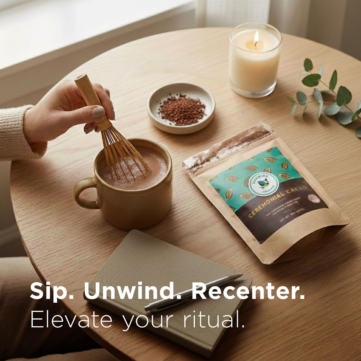 Sunbird Organics 8oz pack featuring single-origin cacao for daily ritual and mindful breaks.