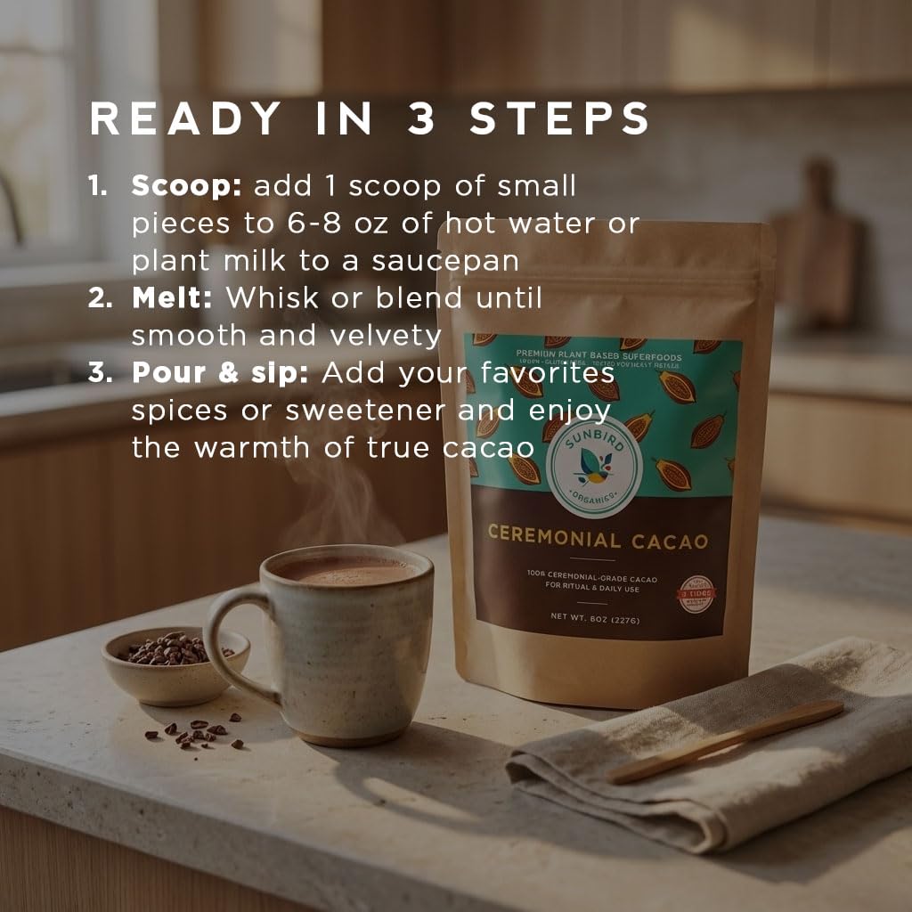 Sunbird Organics direct-trade cacao highlights ethical sourcing and community support.