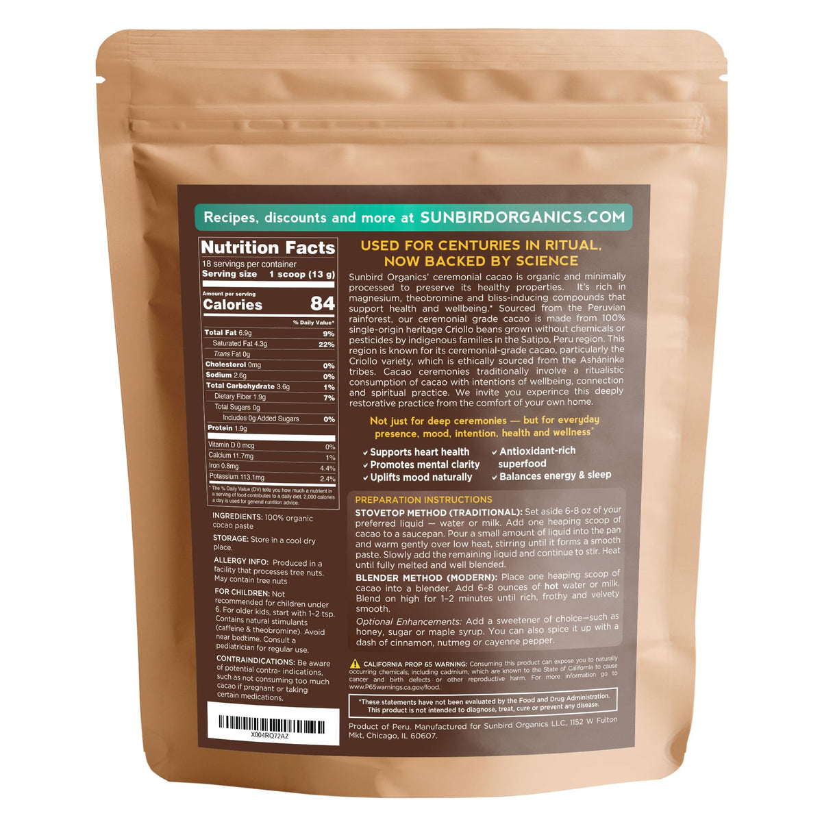 Sunbird Organics melt-pieces perfect for quick, velvety cacao drinks with minimal prep.