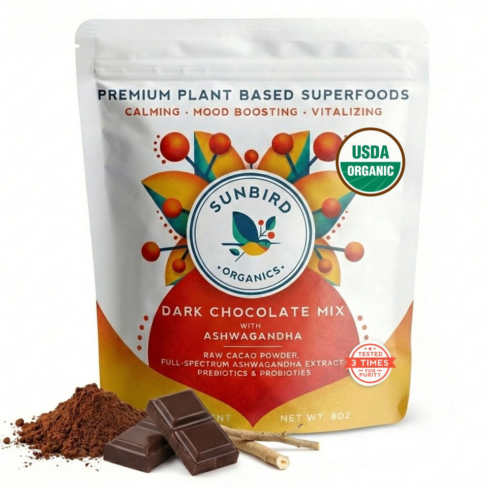 Sunbird Organics dark chocolate ashwagandha mix packaging, ideal for a calming evening ritual