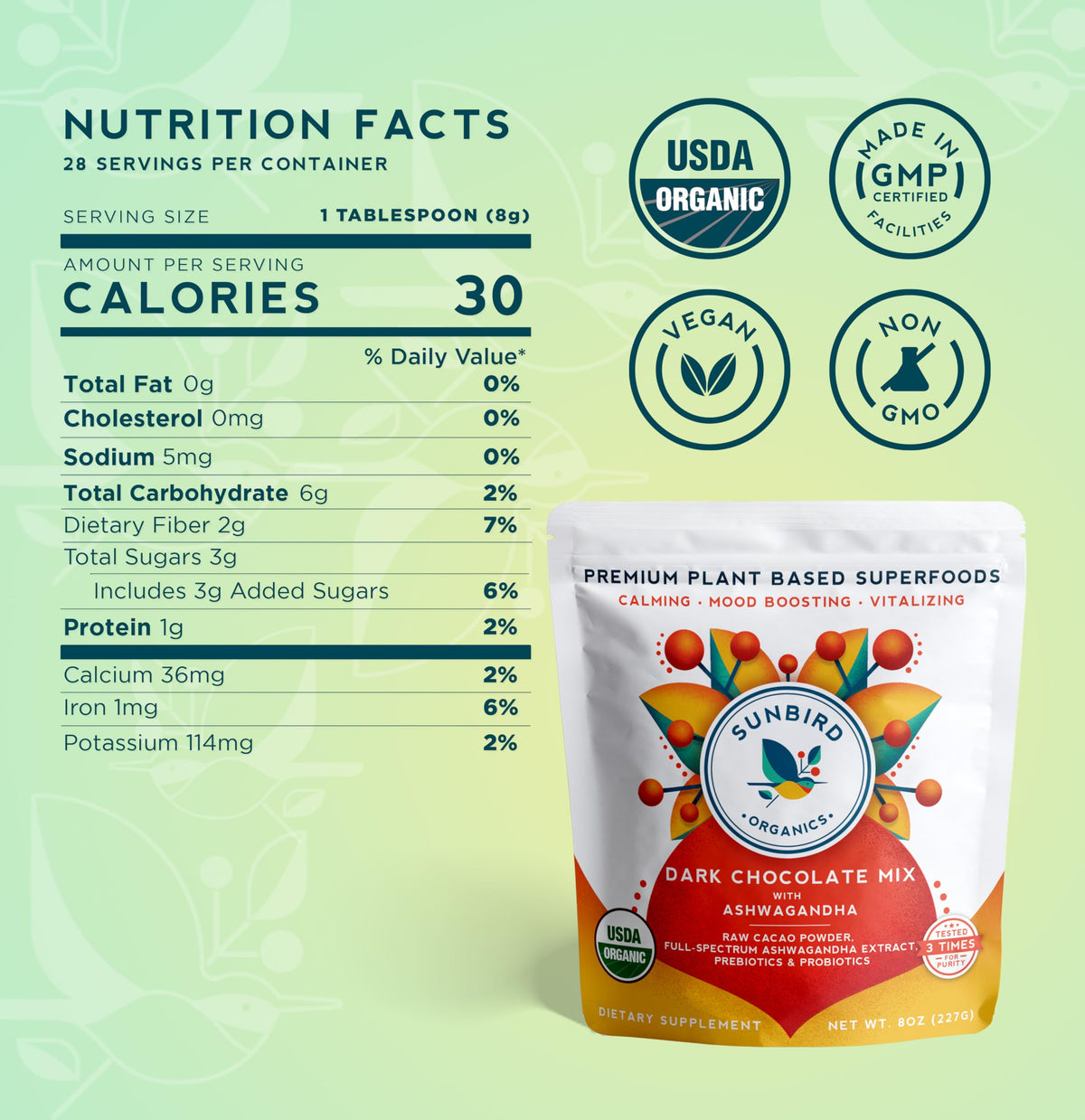 Sunbird Organics probiotics prebiotics blend in cup, supports gut-friendly digestion