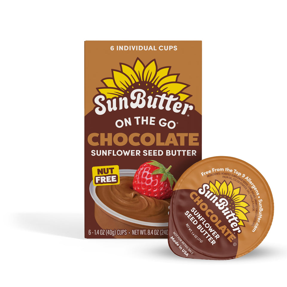 SunButter On The Go Chocolate Cups pack shot, portable snack for busy days