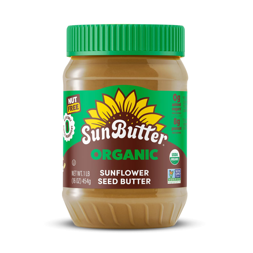 SunButter Organic sunflower seed butter in a jar with creamy spread for toast and snacks