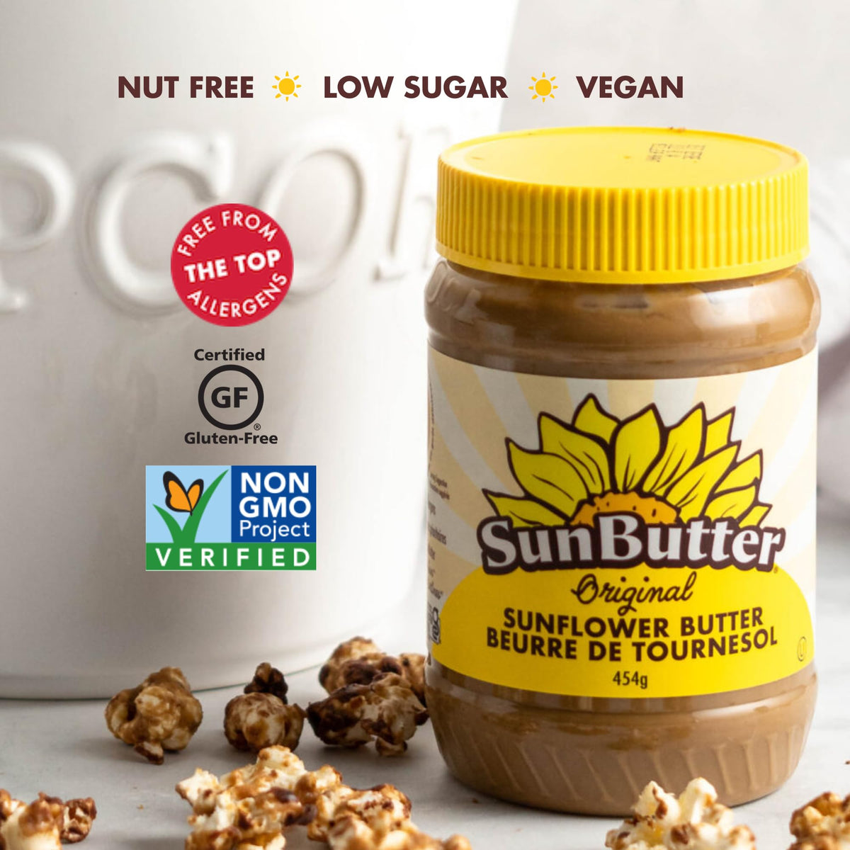 Creamy SunButter Original with a spoon highlights rich, dairy-free texture.