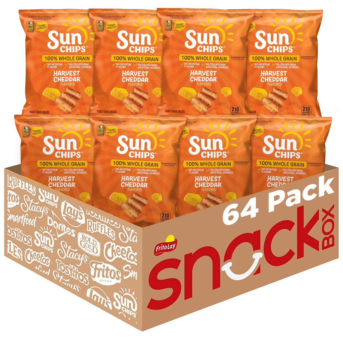 SunChips Harvest Cheddar bag in a 64-pack ready for family snacking.