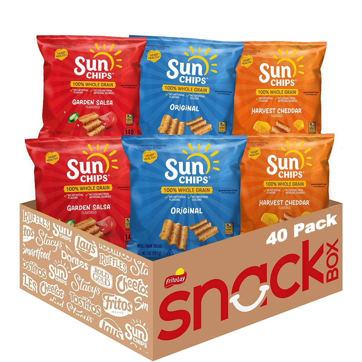 SunChips variety-pack front view highlights 40 bags for convenient on-the-go snacking.
