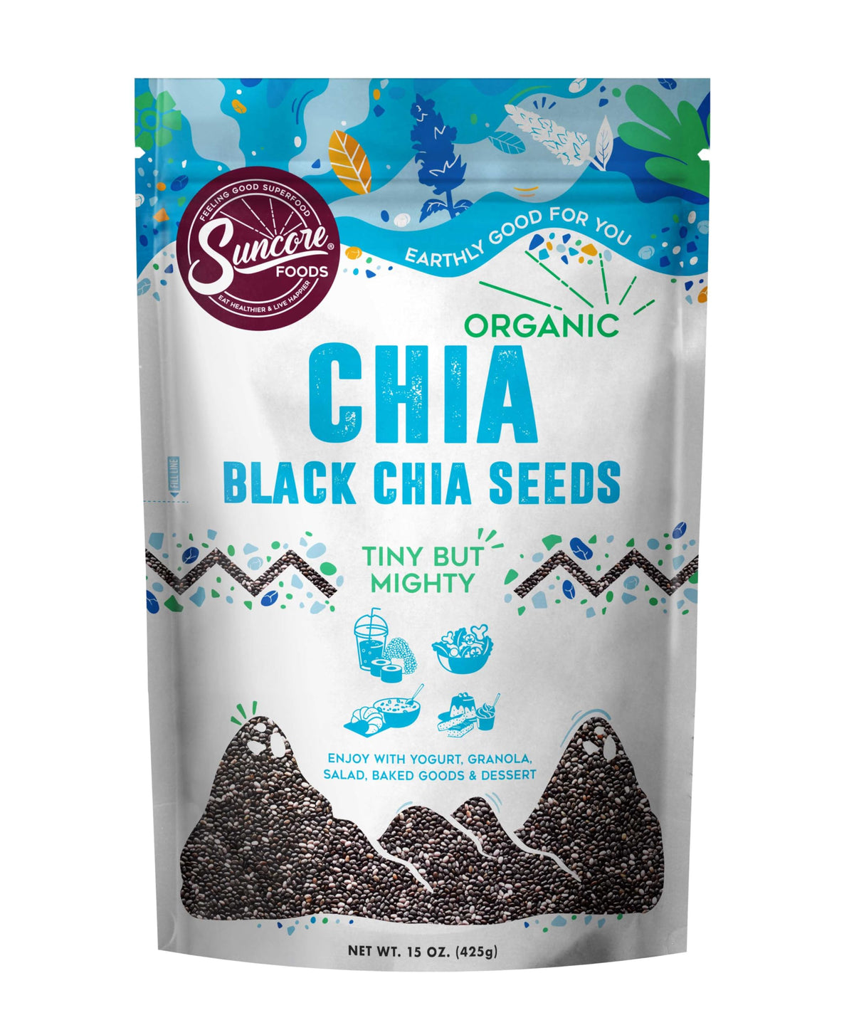 Suncore Foods black chia seeds bag, versatile texture for bowls and baking.