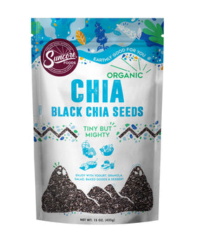 Suncore Foods black chia seeds bag, versatile texture for bowls and baking.