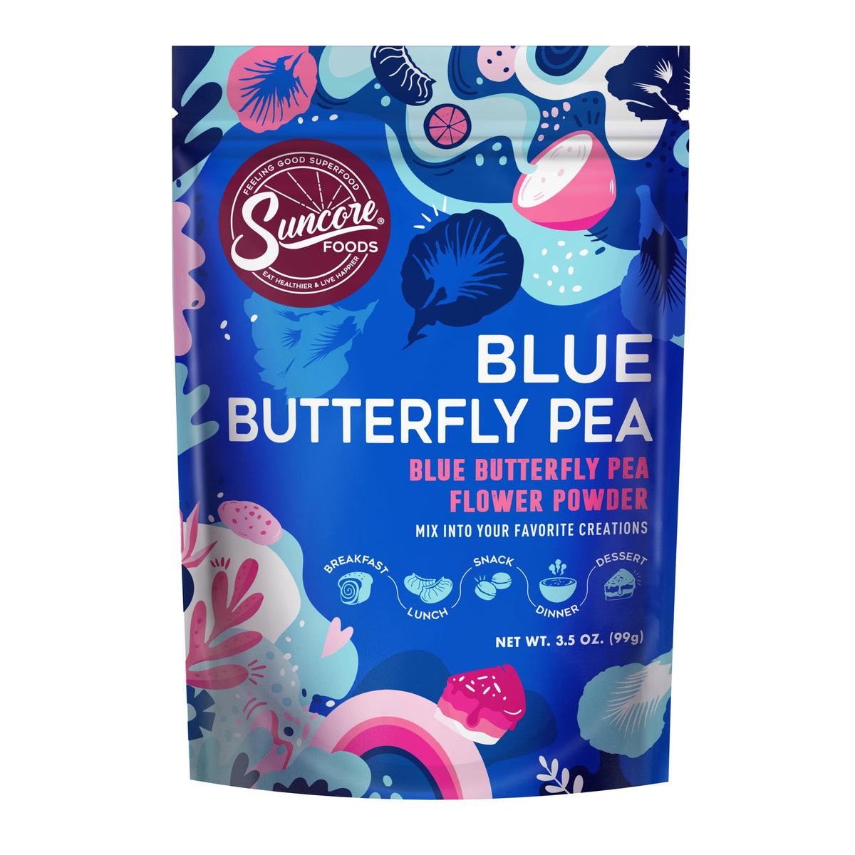 Suncore Foods Blue Butterfly Pea Powder bottle pour shows vivid blue color.