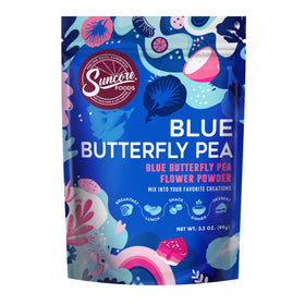 Suncore Foods Blue Butterfly Pea Powder bottle pour shows vivid blue color.