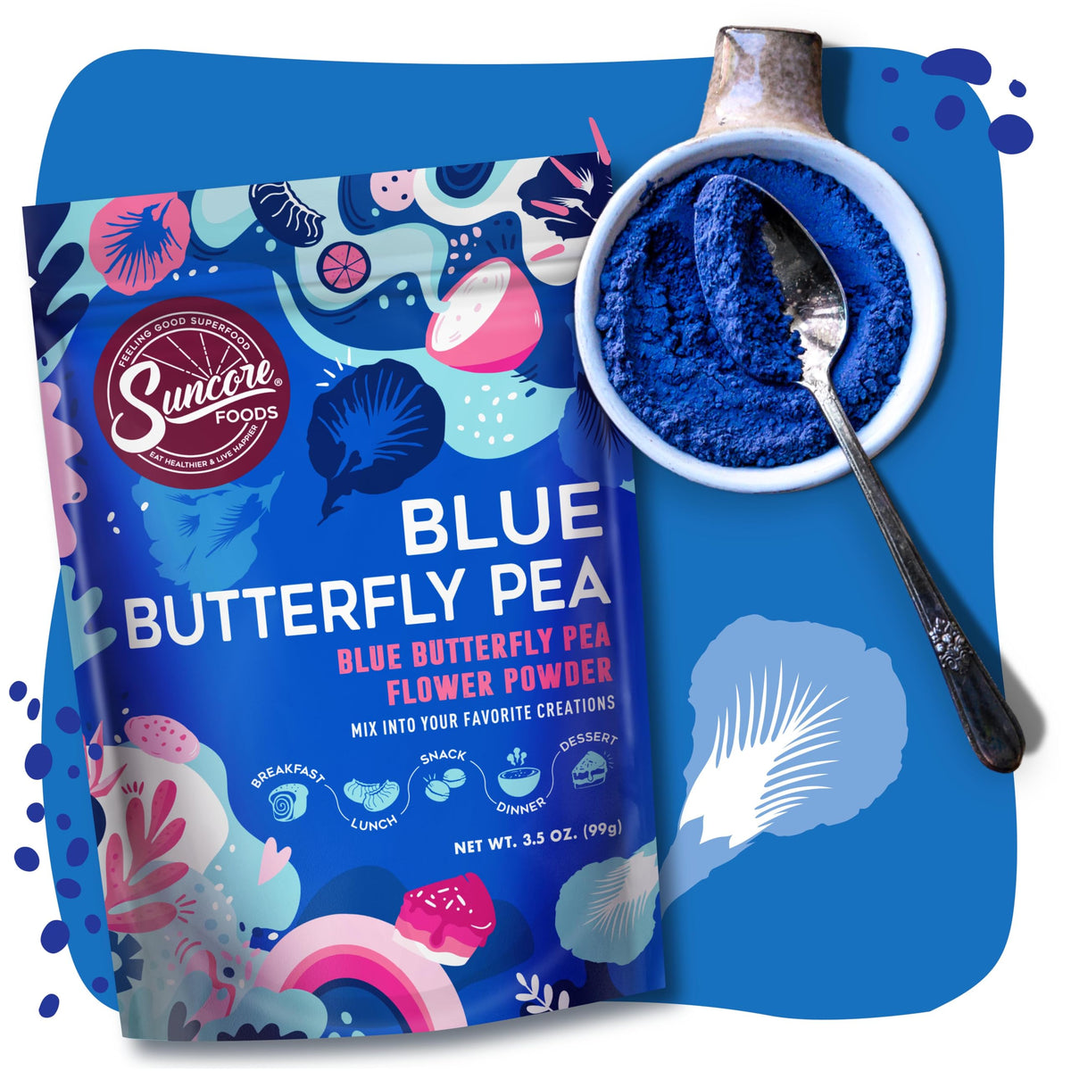 Suncore Foods Blue Butterfly Pea Powder on yogurt reveals natural blue tint.