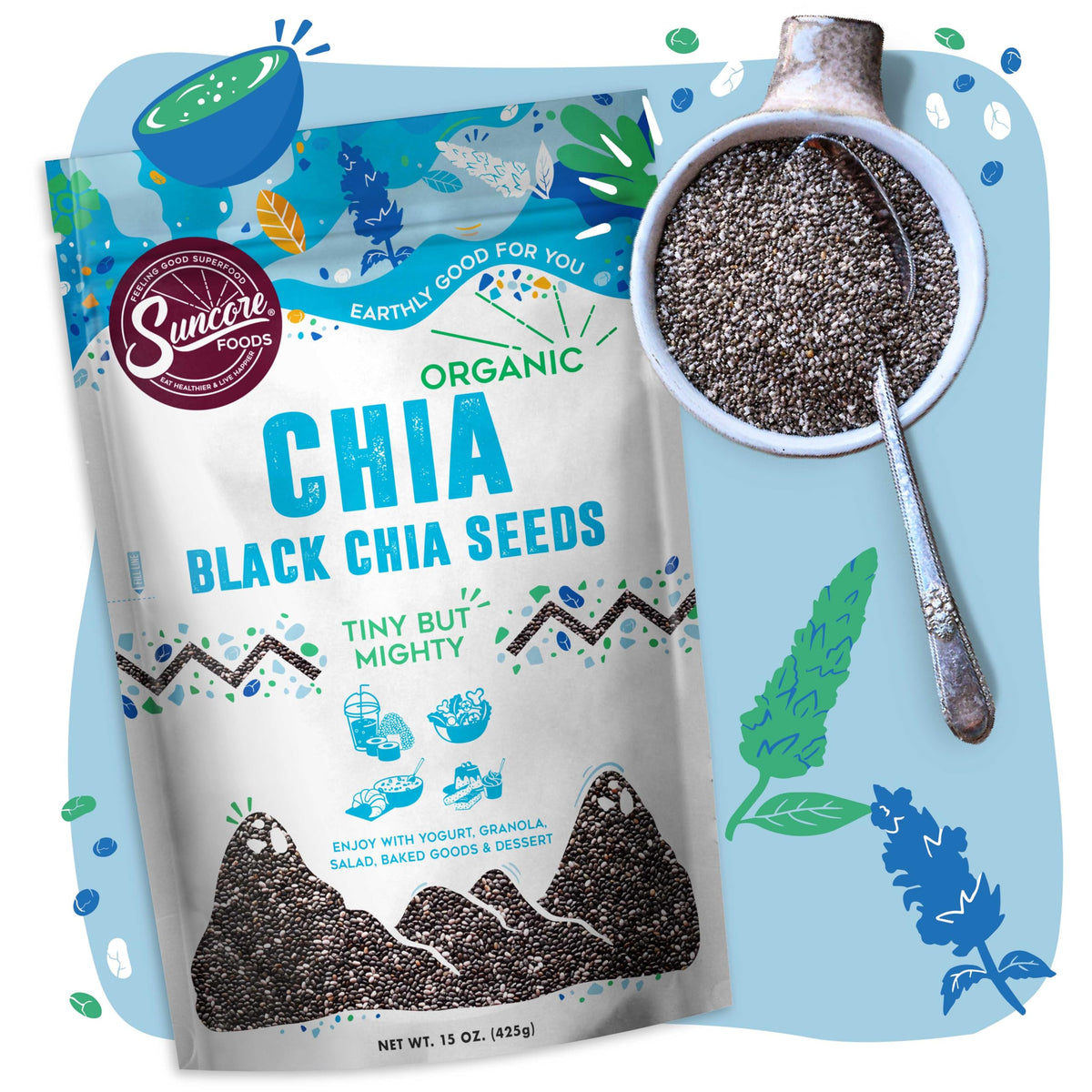 Suncore Foods chia seeds pour, great for thickening beverages and smoothies.