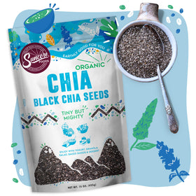 Suncore Foods chia seeds pour, great for thickening beverages and smoothies.
