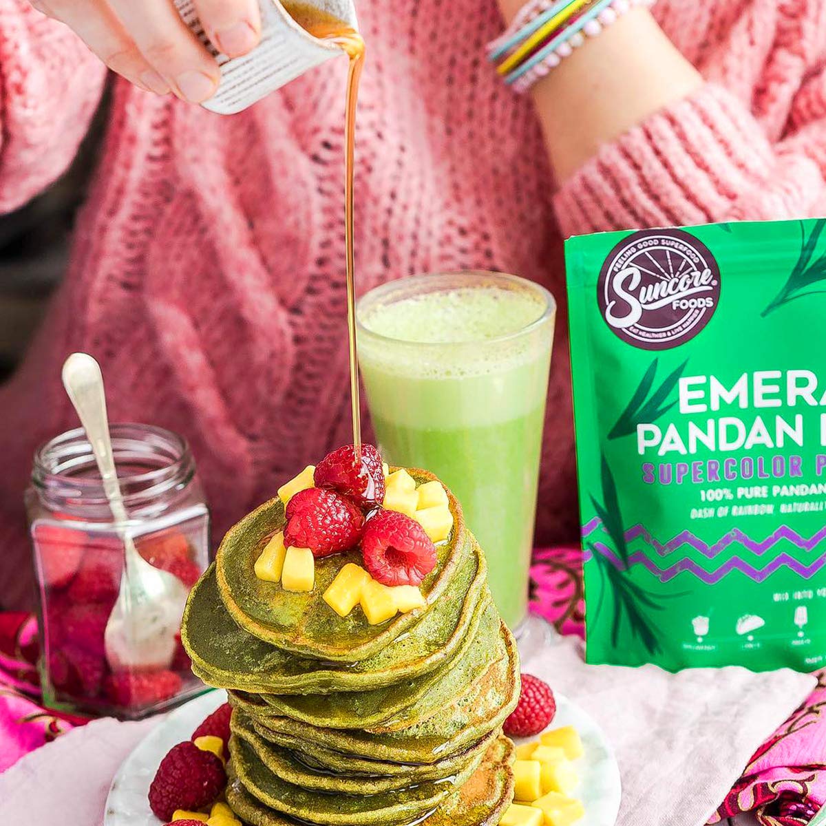 Suncore Foods Emerald Pandan Leaf Powder in a bowl ready for baking