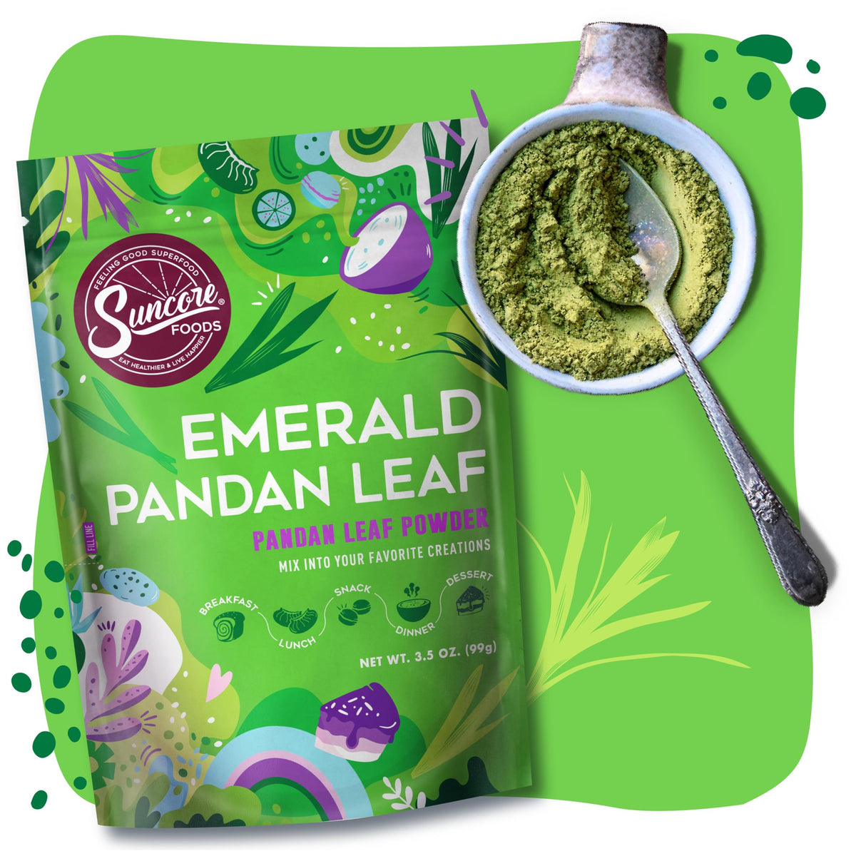 Suncore Foods Emerald Pandan Leaf Powder resealable jar, easy to store and use