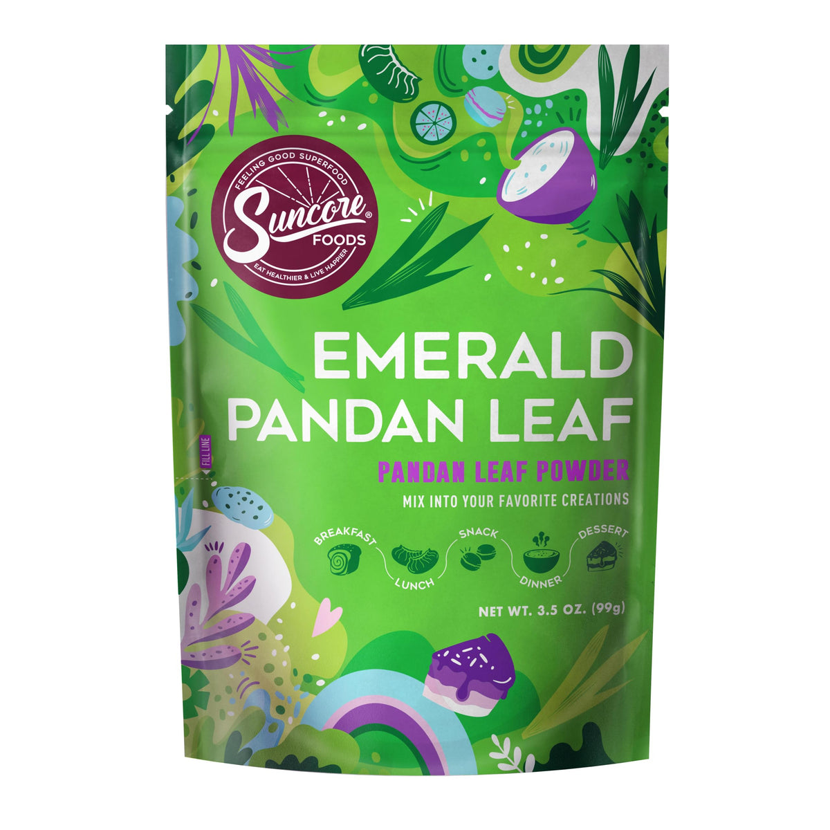 Suncore Foods Emerald Pandan Leaf Powder pack showing natural color for coloring
