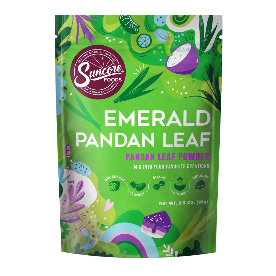 Suncore Foods Emerald Pandan Leaf Powder pack showing natural color for coloring
