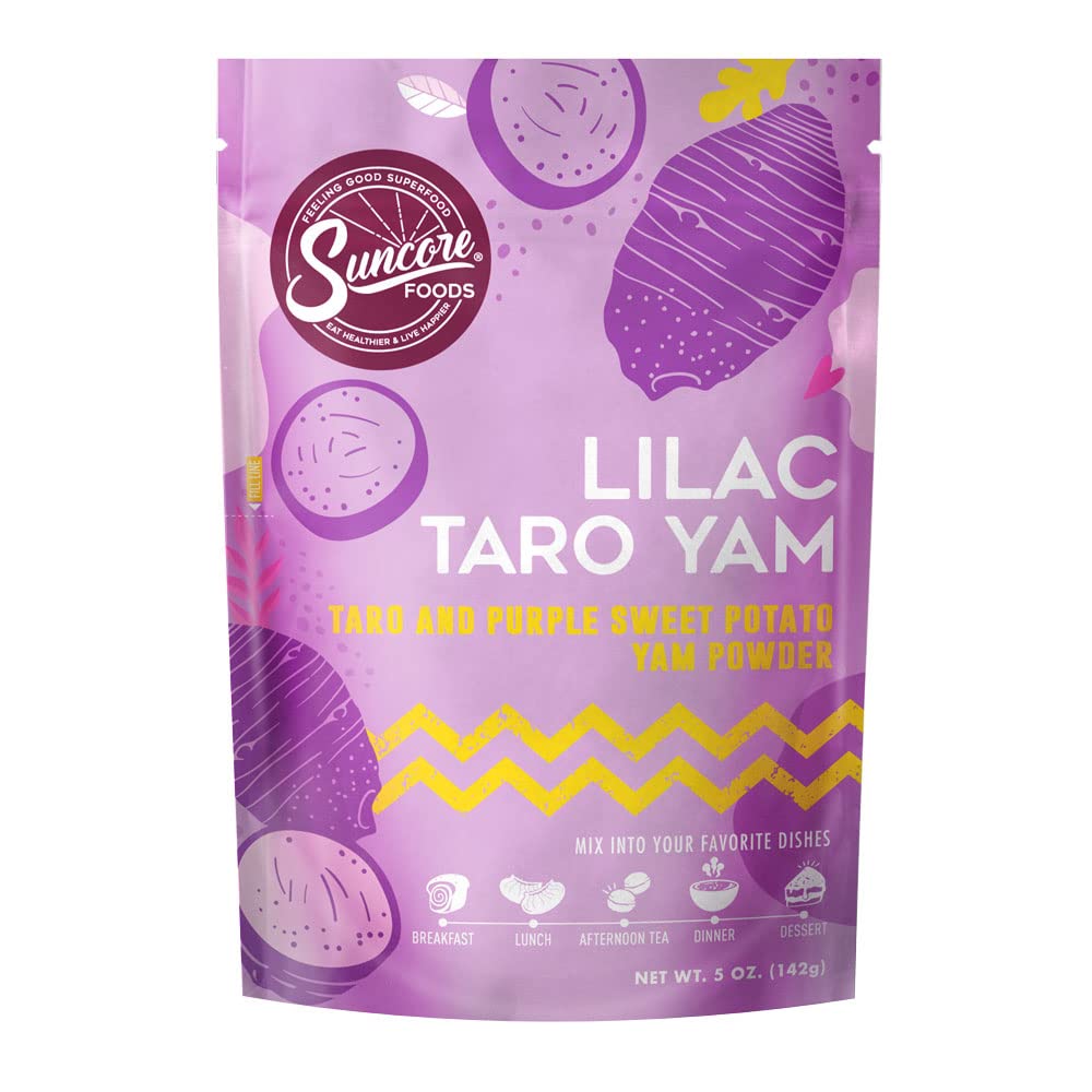 Suncore Foods Lilac Taro Yam Powder packaging in a resealable pouch for easy storage.