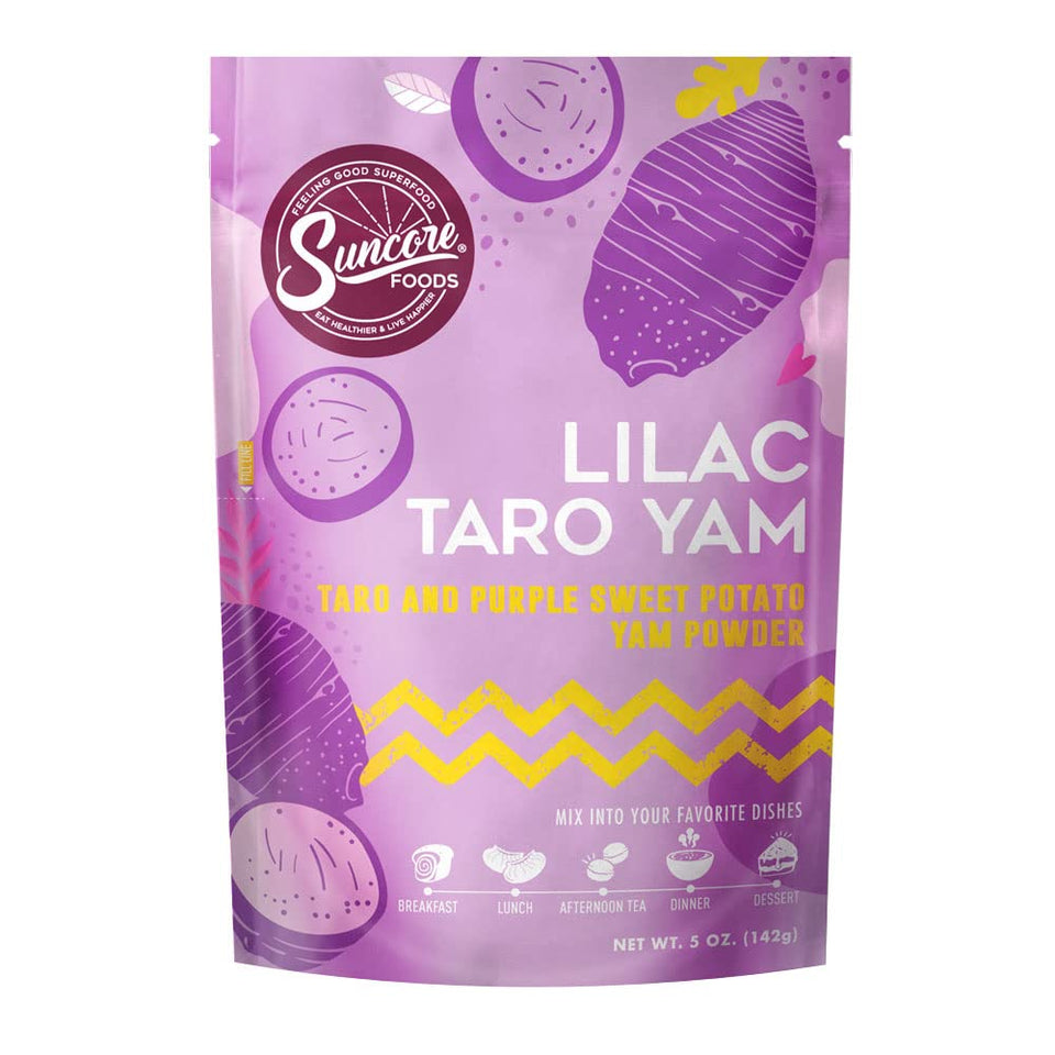 Suncore Foods Lilac Taro Yam Powder packaging in a resealable pouch for easy storage.