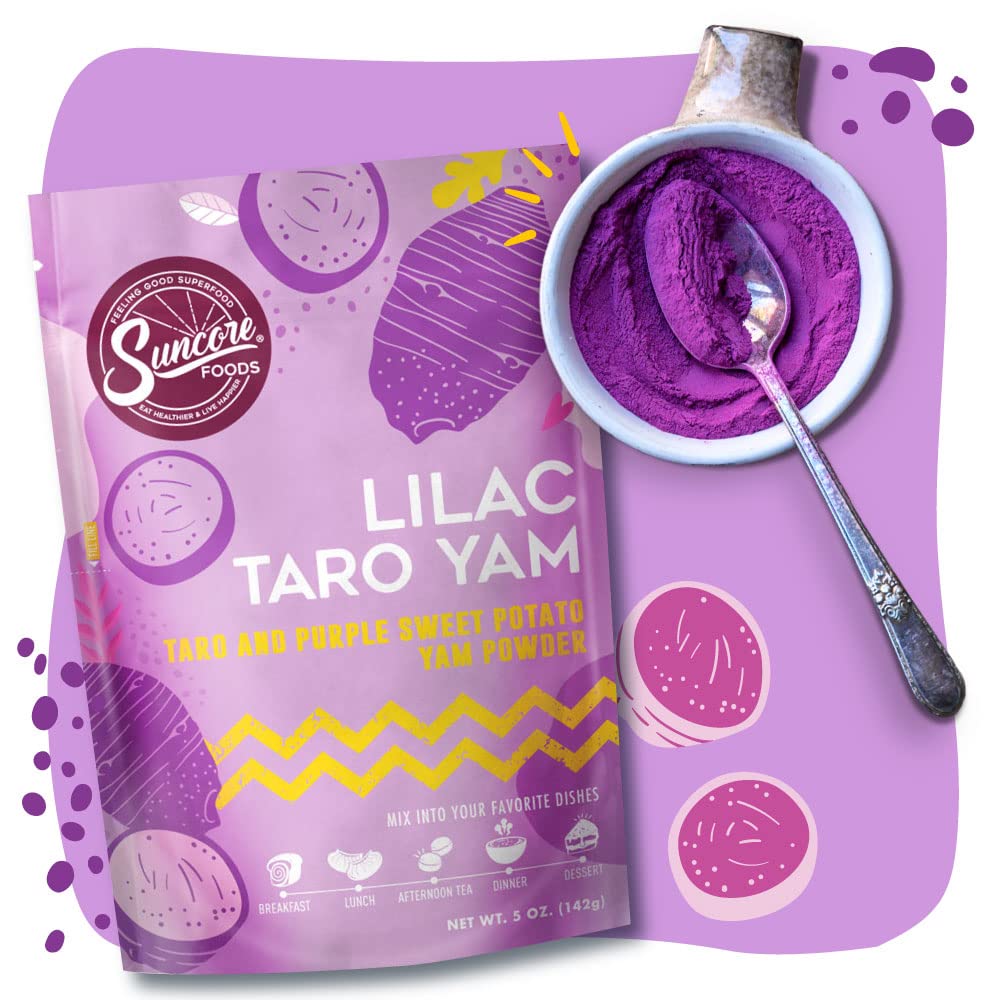 Suncore Foods Lilac Taro Yam Powder added to yogurt bowl for colorful texture.