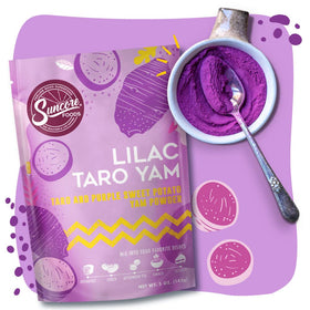 Suncore Foods Lilac Taro Yam Powder added to yogurt bowl for colorful texture.