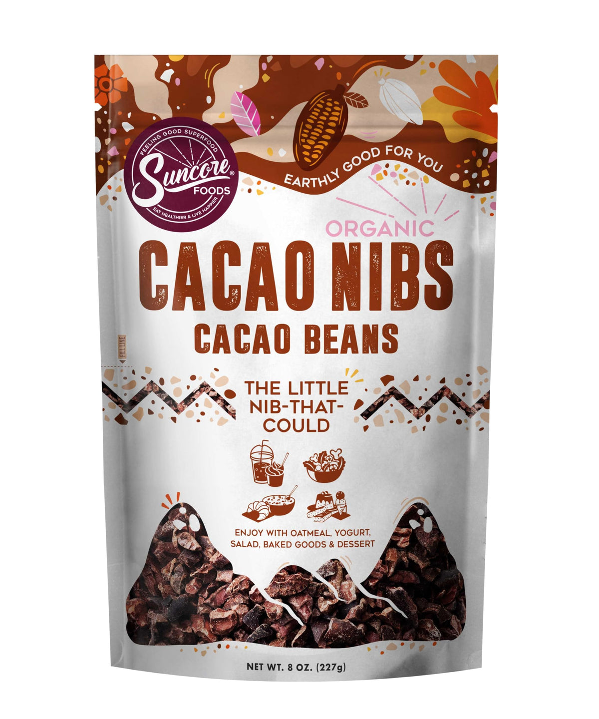 Suncore Foods Organic Cacao Nibs bag close-up showing rich chocolate aroma and crunchy texture.