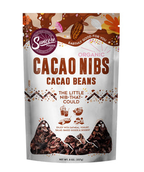 Suncore Foods Organic Cacao Nibs bag close-up showing rich chocolate aroma and crunchy texture.