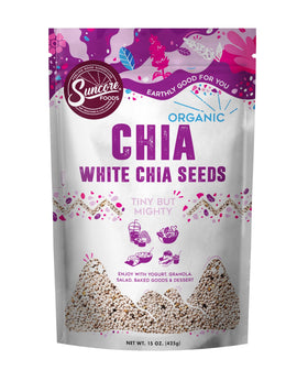 Suncore Foods Organic White Chia Seeds in a jar close-up highlighting a neutral flavor boost.