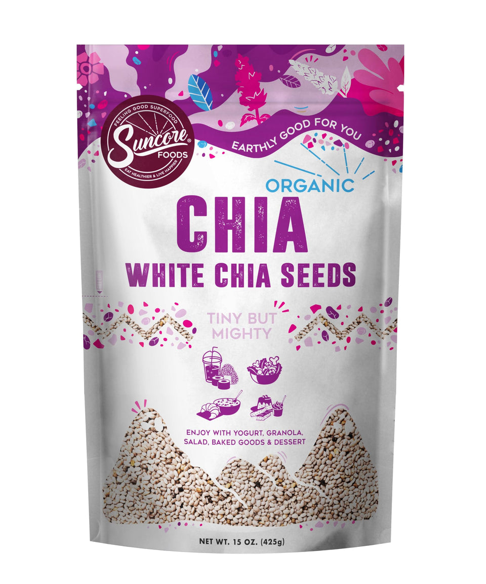 Suncore Foods Organic White Chia Seeds in a jar close-up highlighting a neutral flavor boost.