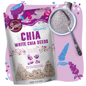 Suncore Foods Organic White Chia Seeds resealable pouch displayed on a kitchen counter.