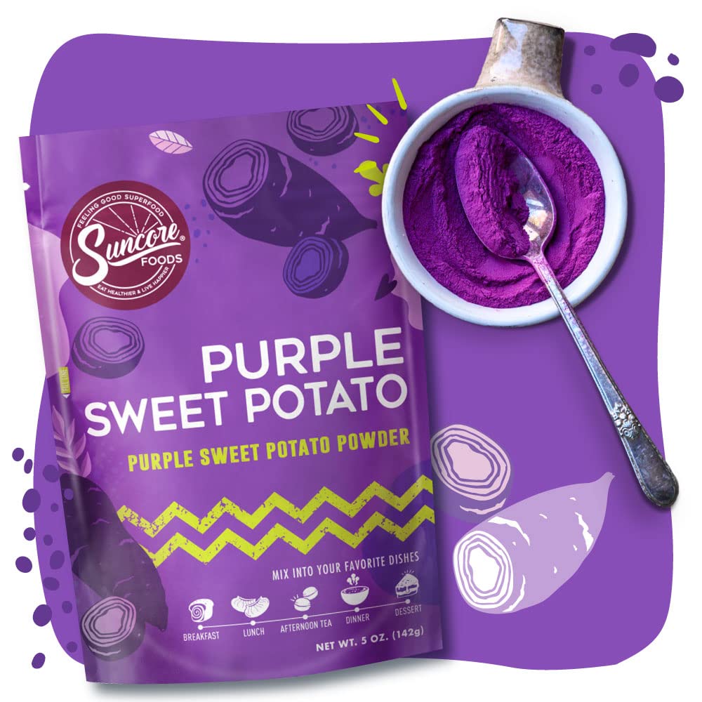 Suncore Foods Purple Sweet Potato Powder being swirled into yogurt demonstrates easy color boost.