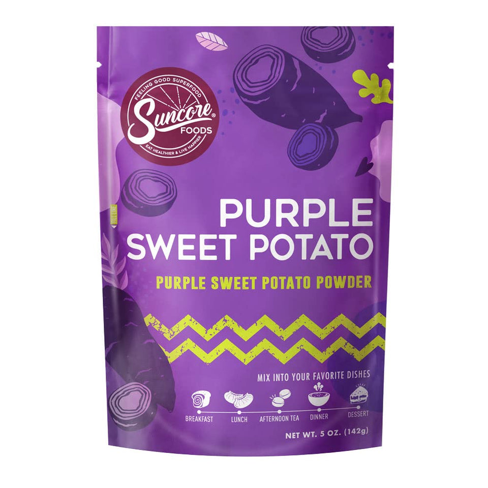 Suncore Foods Purple Sweet Potato Powder packaging shows vibrant color for breakfast bowls.