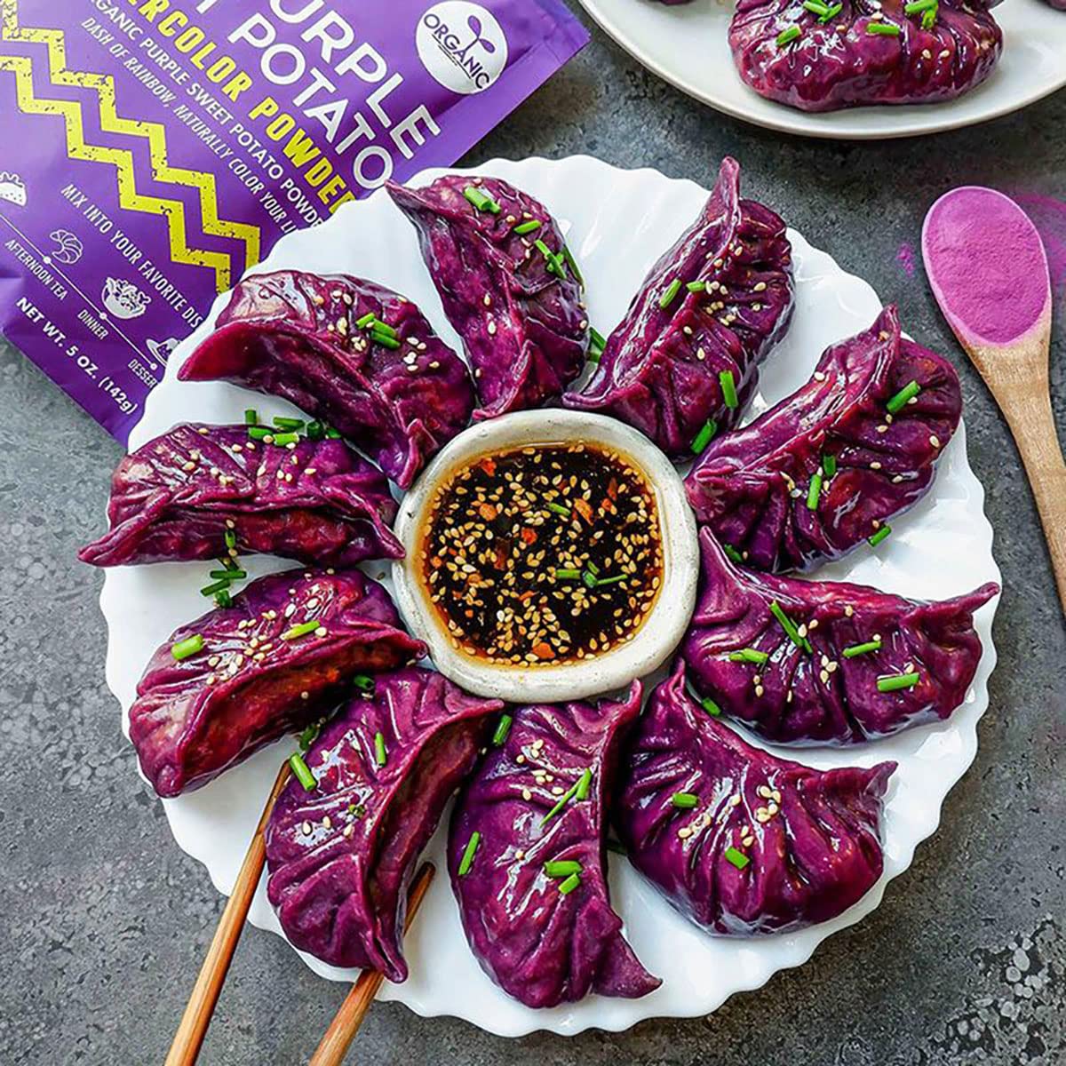 Suncore Foods Purple Sweet Potato Powder stored in a resealable pouch preserves freshness.
