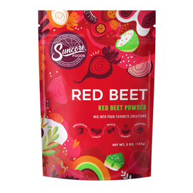 Suncore Foods Red Beet Powder bottle showing vibrant color for foods.