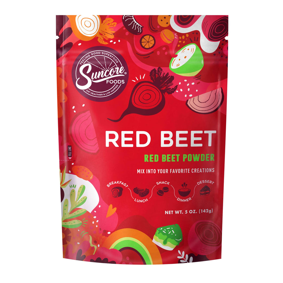 Suncore Foods Red Beet Powder bottle showing vibrant color for foods.