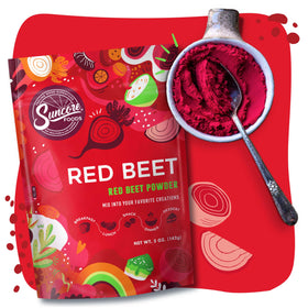 Suncore Foods Red Beet Powder closeup highlights fine texture ideal for mixing.