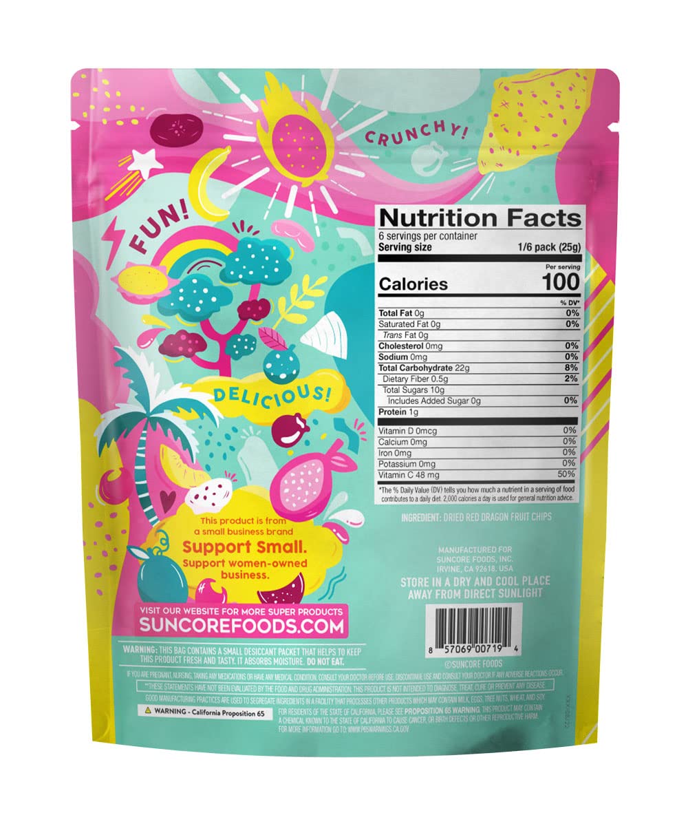 Suncore Foods Red Dragon Fruit Chips resealable bag seal highlights freshness.