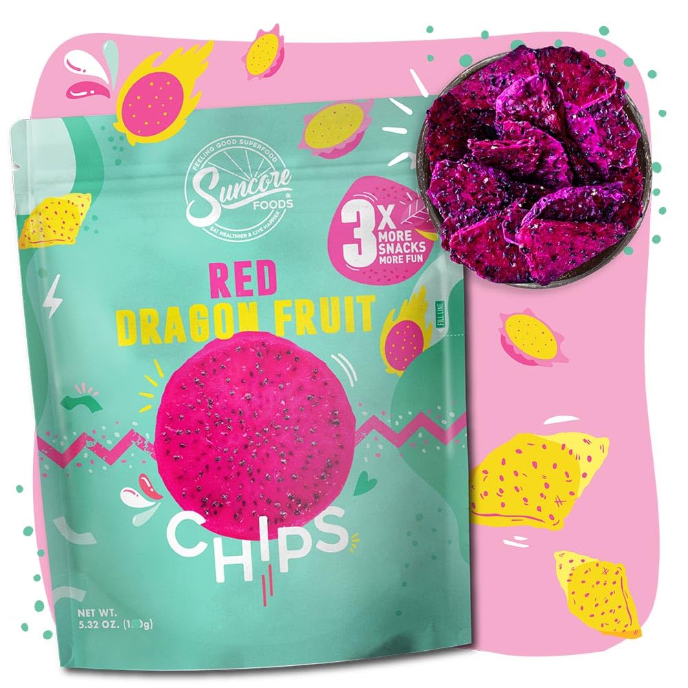 Close-up of Suncore Foods Red Dragon Fruit Chips showing vibrant color and crisp texture.