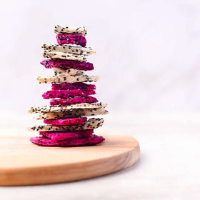 Non-GMO label on Suncore Foods Red Dragon Fruit Chips packaging highlights quality.