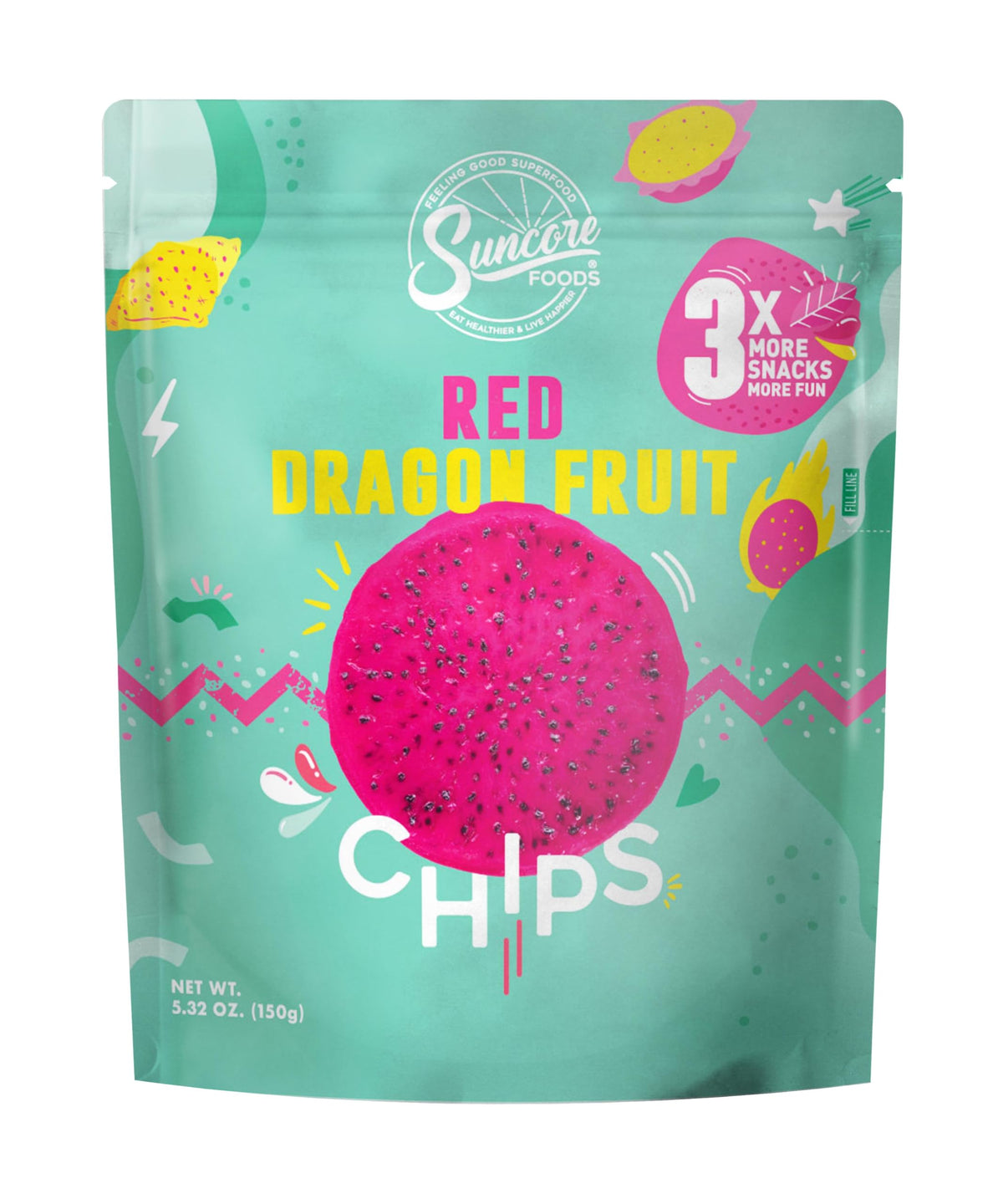 Suncore Foods Red Dragon Fruit Chips package front highlighting gluten-free snack.