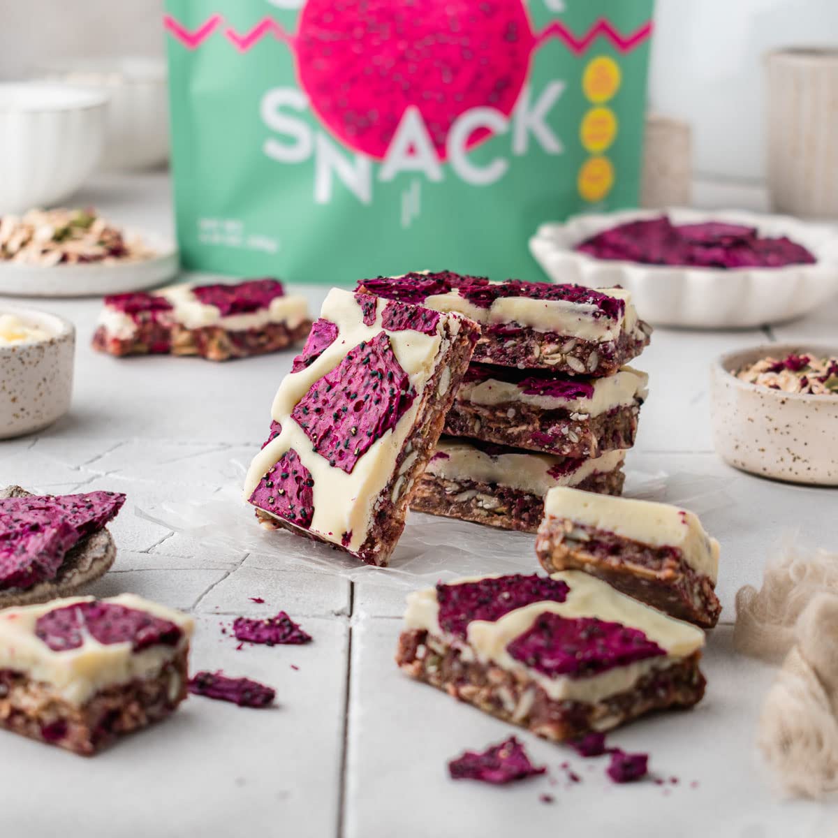 Sealed pouch ready for on-the-go snacking with Suncore Foods Red Dragon Fruit Chips.