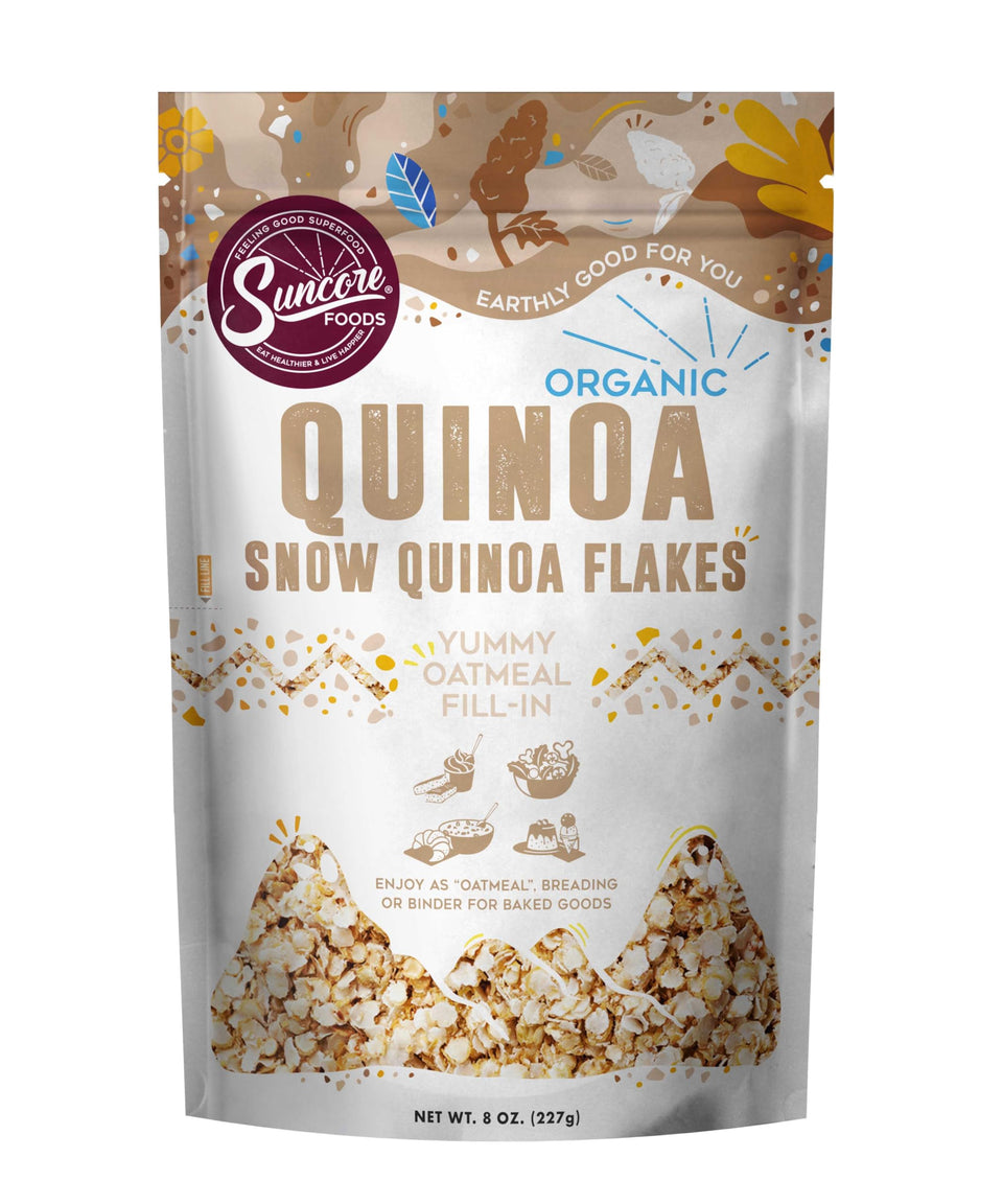 Suncore Foods Snow Quinoa Flakes packaging highlights convenient, ready-to-use breakfast staples.
