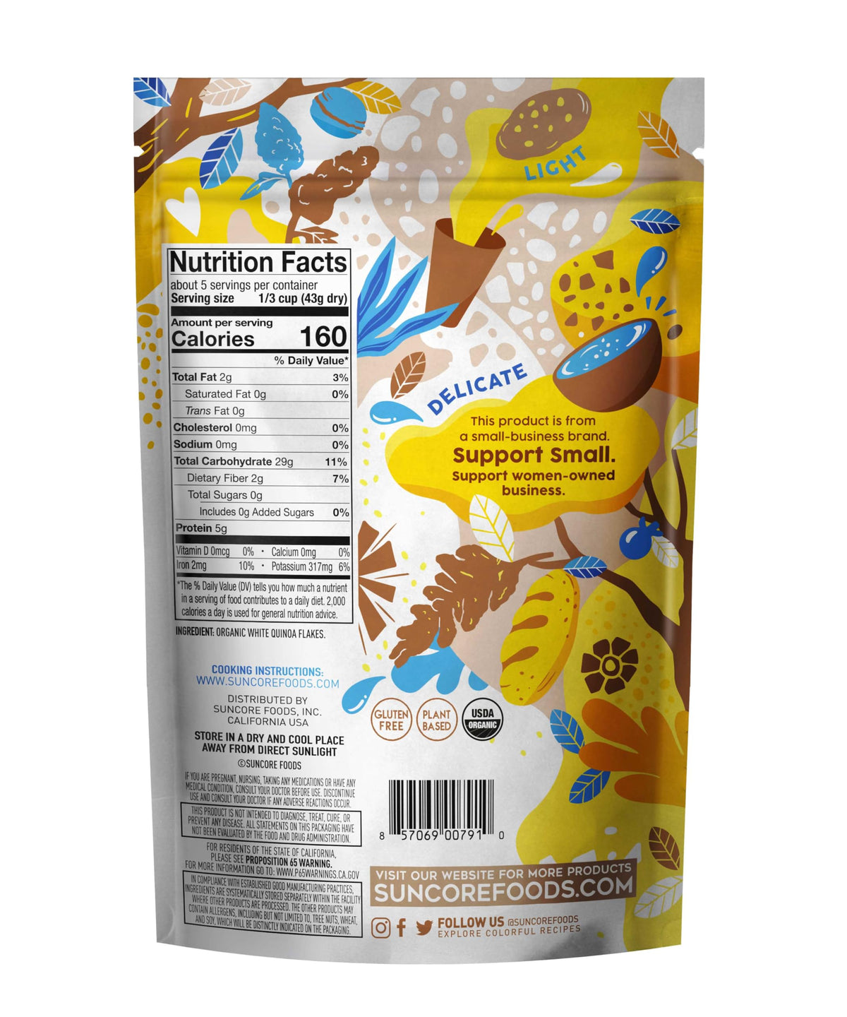 Suncore Foods Snow Quinoa Flakes in a resealable pouch stays fresh.