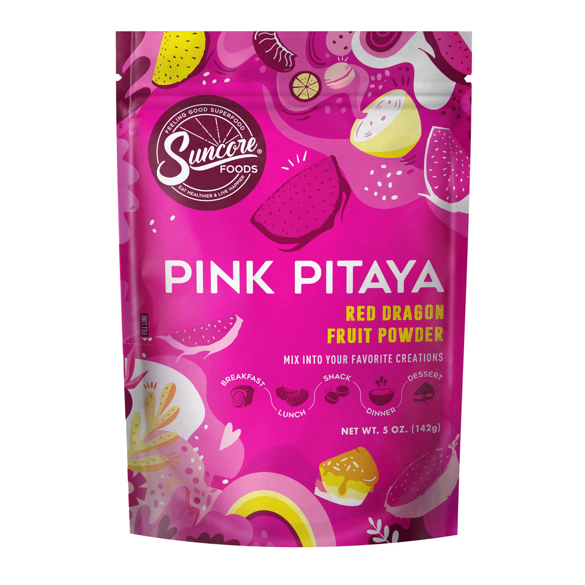 Suncore Foods Pink Pitaya Powder jar front view for natural food coloring in recipes