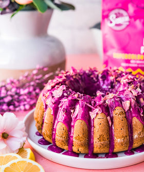 Suncore Foods Pink Pitaya Powder stirred into yogurt for natural hue