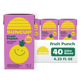 SunCup fruit punch juice box front showing 100% real fruit juice for lunches