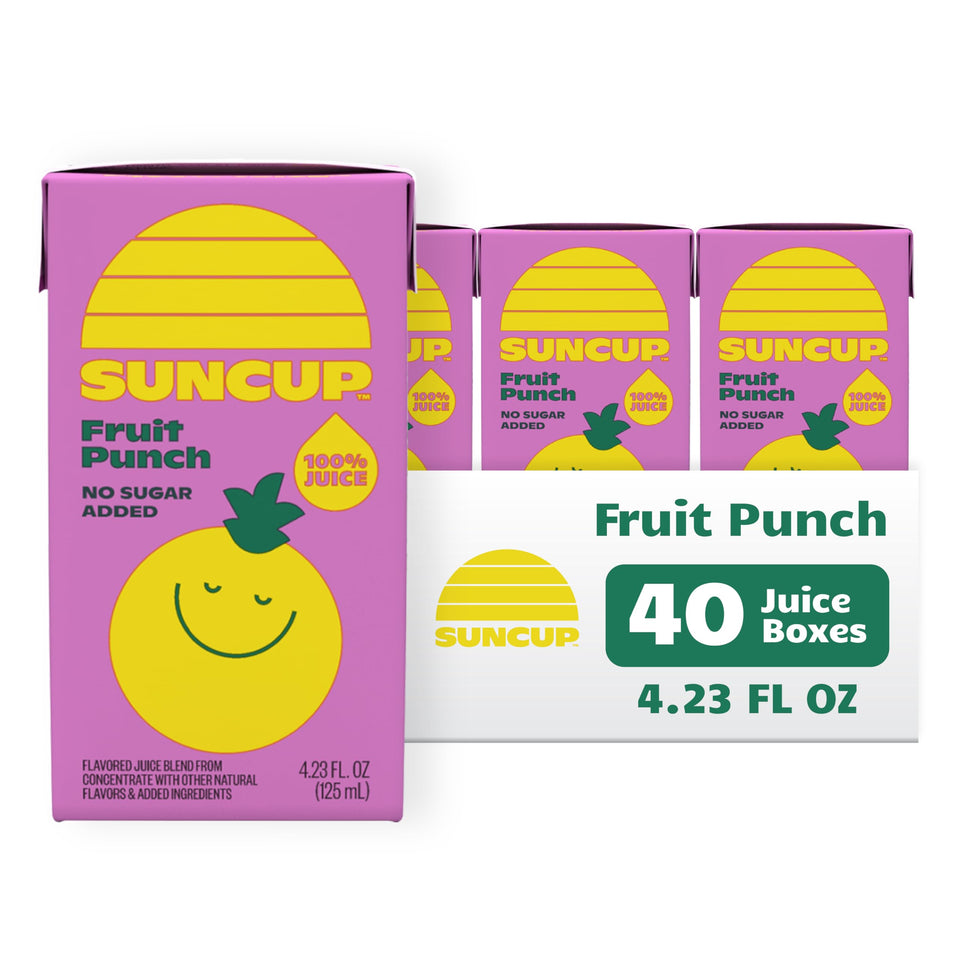 SunCup fruit punch juice box front showing 100% real fruit juice for lunches
